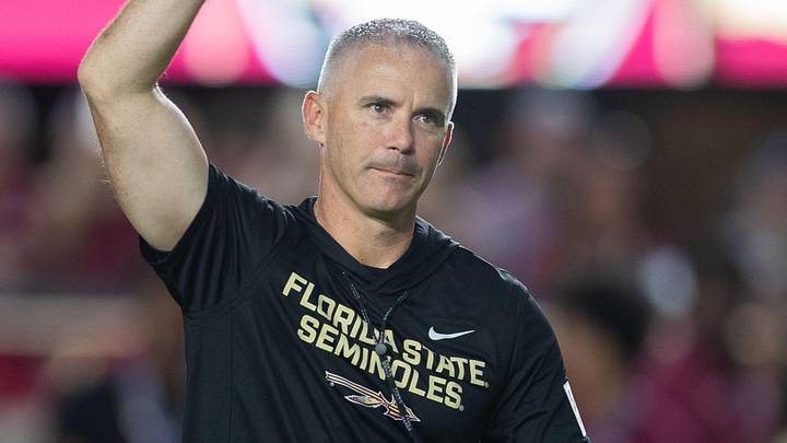 Florida State Seminoles head coach Mike Norvell walks down the field. The Miami Hurricanes lead the Florida State Seminoles 14-3 at the half on Saturday, Oct. 4, 2025.