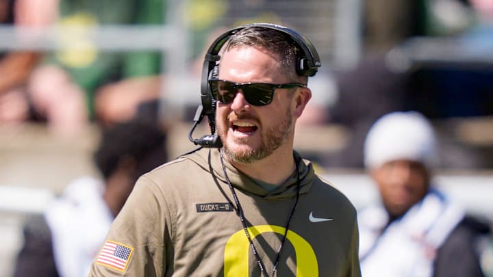 Oregon head coach Dan Lanning walks the field during the Oregon Ducks annual spring game on April 25, 2026 at Autzen Stadium in Eugene, Oregon.
