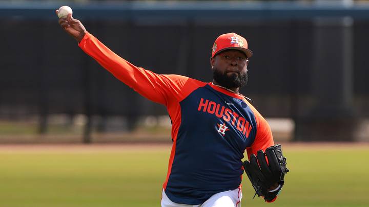 Houston Astros pitcher Cristian Javier (53) pitches during a spring training workout. Houston Astros pitcher Cristian Javier (53) pitches during a spring training workout.