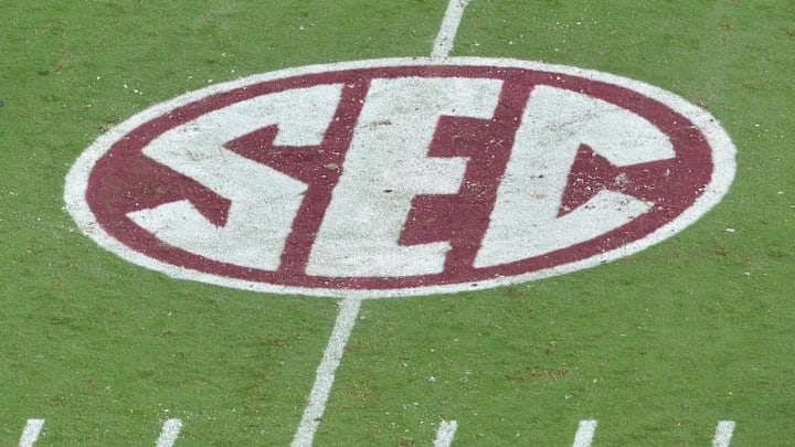 Oct 10, 2015; Starkville, MS, USA; The SEC logo on the field as the Mississippi State Bulldogs hosted the Troy Trojans at Davis Wade Stadium. Mississippi State won 17 - 45. Oct 10, 2015; Starkville, MS, USA; The SEC logo on the field as the Mississippi State Bulldogs hosted the Troy Trojans at Davis Wade Stadium. Mississippi State won 17 - 45.
