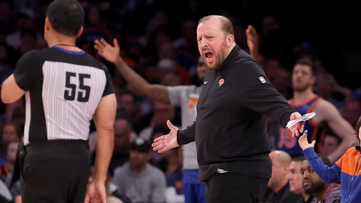Mar 10, 2024; New York, New York, USA; New York Knicks head coach Tom Thibodeau reacts at referee