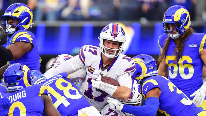 Dec 8, 2024; Inglewood, California, USA; Buffalo Bills quarterback Josh Allen (17) scores a touchdown against the Los Angeles Rams during the first half at SoFi Stadium. Mandatory Credit: Gary A. Vasquez-Imagn Images