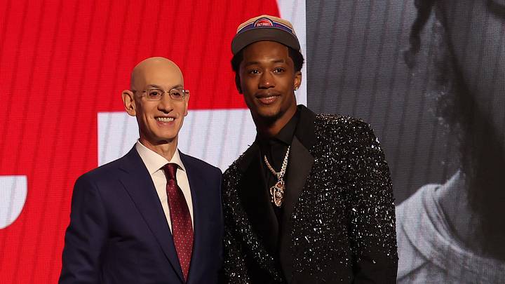 Jun 26, 2024; Brooklyn, NY, USA; Ron Holland II poses for photos with NBA commissioner Adam Silver after being selected in the first round by the Detroit Pistons in the 2024 NBA Draft at Barclays Center. Mandatory Credit: Brad Penner-Imagn Images Jun 26, 2024; Brooklyn, NY, USA; Ron Holland II poses for photos with NBA commissioner Adam Silver after being selected in the first round by the Detroit Pistons in the 2024 NBA Draft at Barclays Center. Mandatory Credit: Brad Penner-Imagn Images