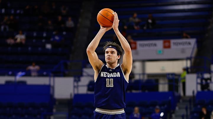 Feb 4, 2025; Colorado Springs, Colorado, USA; Nevada Wolf Pack forward Nick Davidson (11) attempts a shot in the second half against the Air Force Falcons at Clune Arena. Mandatory Credit: Isaiah J. Downing-Imagn Images