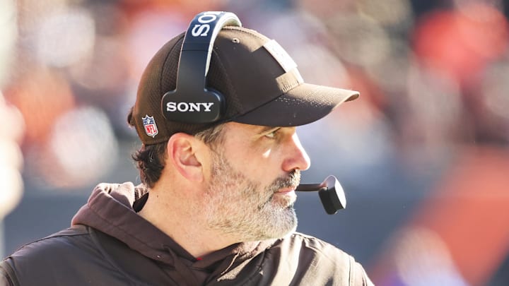 Jan 4, 2026; Cincinnati, Ohio, USA; Cleveland Browns head coach Kevin Stefanski stands on the sideline during the second quarter against the Cincinnati Bengals at Paycor Stadium. Mandatory Credit: Joseph Maiorana-Imagn Images