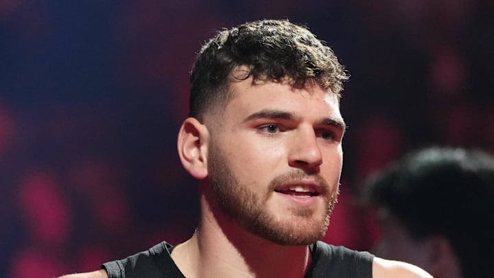 Portland Trail Blazers center Donovan Clingan is introduced before the game against the Chicago Bulls