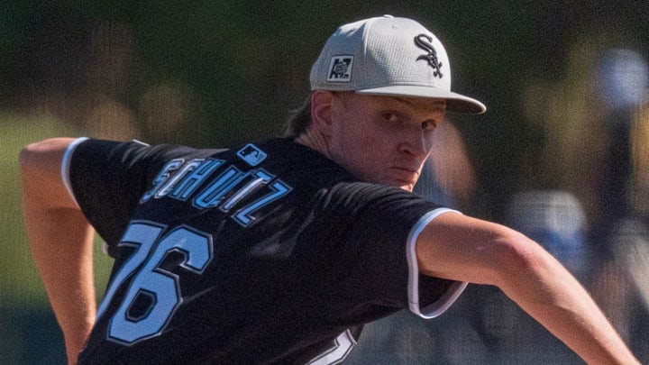Chicago White Sox pitching prospect Noah Schultz (76) throws during Spring Training at Camelback Ranch.