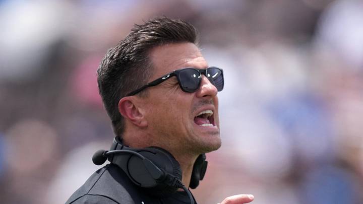 May 2, 2026; Pasadena, CA, USA; UCLA Bruins coach Bob Chesney reacts during the spring game at Rose Bowl. Mandatory Credit: Kirby Lee-Imagn Images