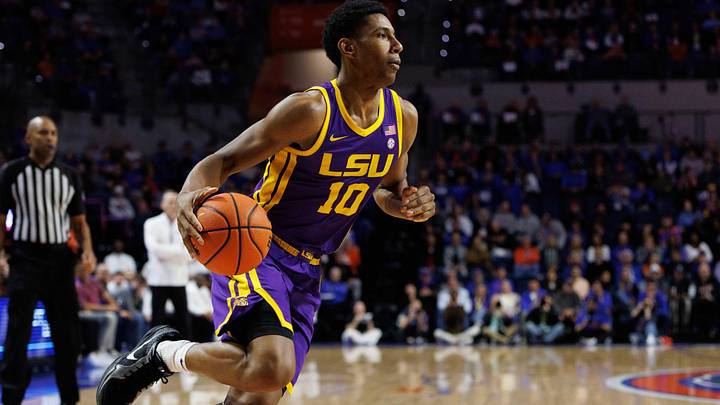 Jan 20, 2026; Gainesville, Florida, USA; Louisiana State Tigers forward Marquel Sutton (10) drives to the basket against the Florida Gators during the first half at Exactech Arena at the Stephen C. O'Connell Center. Mandatory Credit: Matt Pendleton-Imagn Images