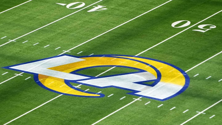 Aug 9, 2025; Inglewood, California, USA; The Los Angeles Rams logo at midfield at SoFi Stadium. Mandatory Credit: Kirby Lee-Imagn Images