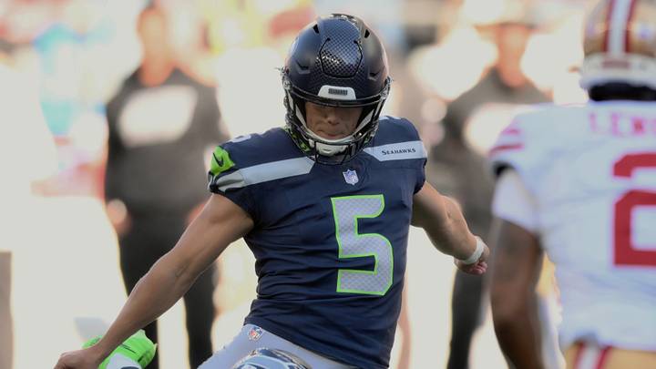 Oct 11, 2026; Seattle, Washington, USA; Seattle Seahawks placekicker Jason Myers (5) kicks a forty-three yard field goal held by punter Michael Dickson (4) against the San Francisco 49ers during the third quarter at Lumen Field. Mandatory Credit: Steven Bisig-Imagn Images Oct 11, 2026; Seattle, Washington, USA; Seattle Seahawks placekicker Jason Myers (5) kicks a forty-three yard field goal held by punter Michael Dickson (4) against the San Francisco 49ers during the third quarter at Lumen Field. Mandatory Credit: Steven Bisig-Imagn Images