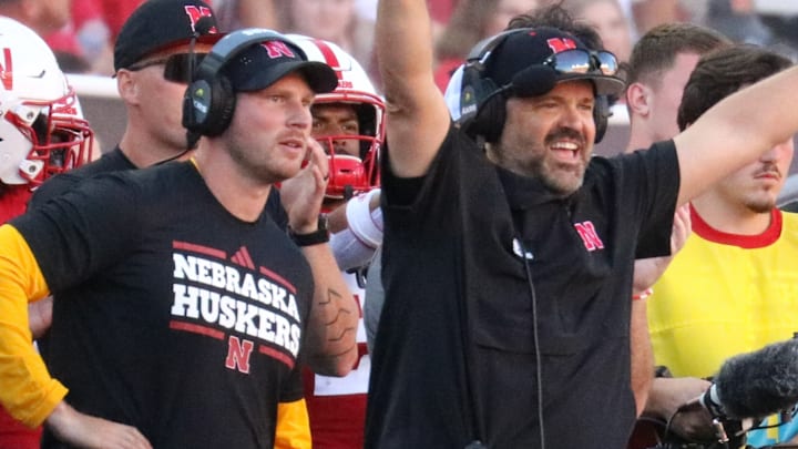 Nebraska linebackers coach Rob Dvoracek and head coach Matt Rhule. Nebraska linebackers coach Rob Dvoracek and head coach Matt Rhule.