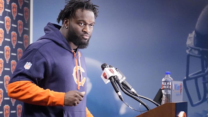 May 10, 2025; Lake Forest, IL, USA; Chicago Bears linebacker Ruben Hyppolite III answers questions after rookie minicamp at Halas Hall.