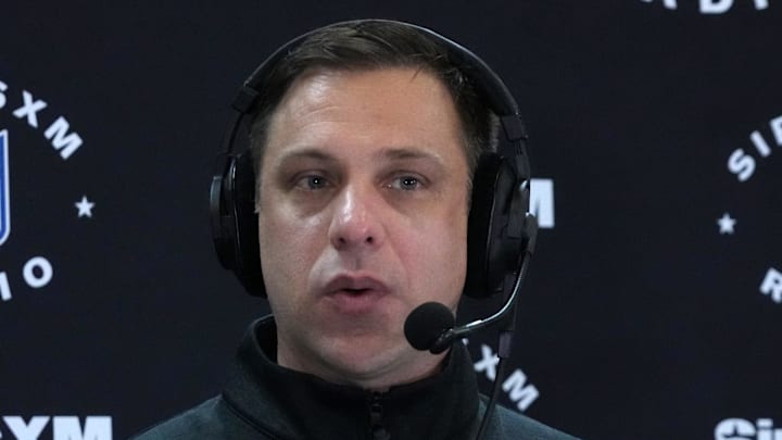 Feb 27, 2024; Indianapolis, IN, USA; Kansas City Chiefs general manager Brett Veach on the SiriusXM radio set at the NFL Scouting Combine at Indiana Convention Center. Mandatory Credit: Kirby Lee-Imagn Images