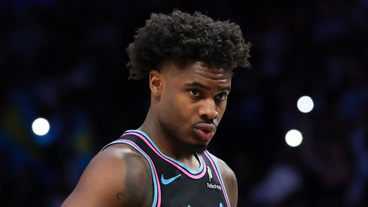 Miami Heat guard Davion Mitchell (45) looks on (Mandatory Credit: Sam Navarro-Imagn Images) Miami Heat guard Davion Mitchell (45) looks on (Mandatory Credit: Sam Navarro-Imagn Images)