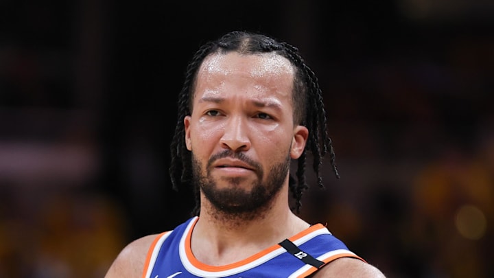 New York Knicks guard Jalen Brunson reacts in the second quarter during game six of the eastern conference finals.