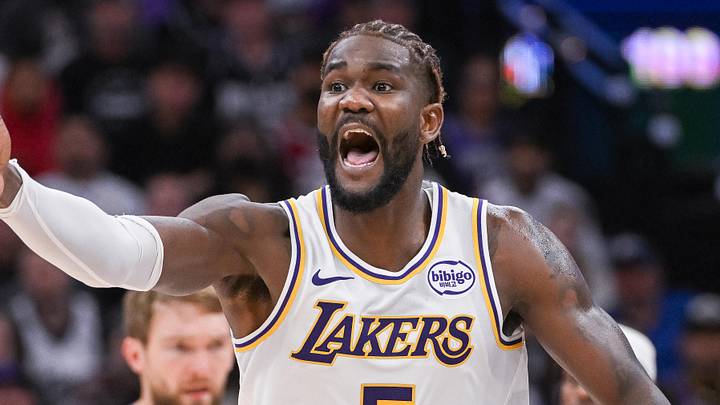Oct 26, 2025; Sacramento, California, USA; Los Angeles Lakers center Deandre Ayton (5) reacts to a call during the fourth quarter of the game against the Sacramento Kings at Golden 1 Center. Mandatory Credit: Ed Szczepanski-Imagn Images