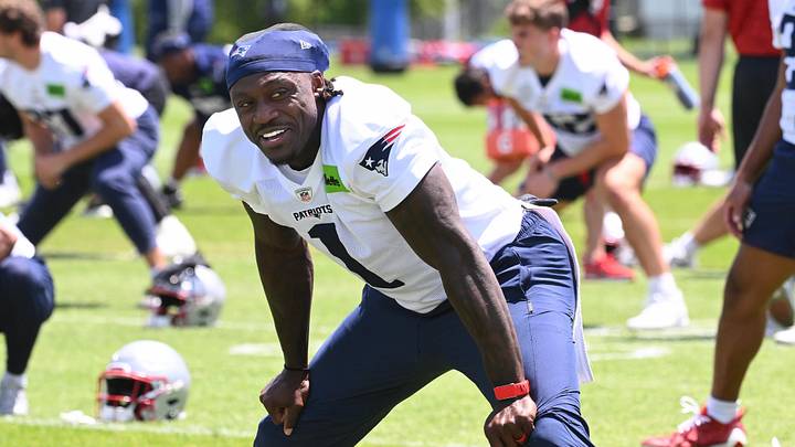Jun 2, 2026; Foxborough, MA, USA; New England Patriots wide receiver A.J. Brown (1) warms up during the team's OTA at Gillette Stadium. Mandatory Credit: Eric Canha-Imagn Images