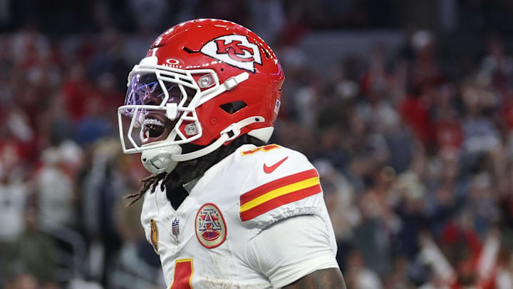 Nov 27, 2025; Arlington, Texas, USA; Kansas City Chiefs wide receiver Rashee Rice (4) celebrates after a touchdown against the Dallas Cowboys during the fourth quarter at AT&T Stadium. Mandatory Credit: Kevin Jairaj-Imagn Images