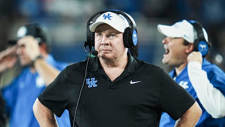 Kentucky Wildcats head football coach Mark Stoops on the sidelines during the game against Eastern Michigan at Kroger Field in Lexington, Kentucky Saturday, Sept. 13, 2025.