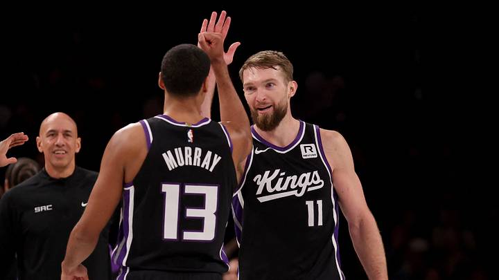 Jan 27, 2025; Brooklyn, New York, USA; Sacramento Kings forward Domantas Sabonis (11) celebrates his three point shot against the Brooklyn Nets with forward Keegan Murray (13) during the fourth quarter at Barclays Center. Mandatory Credit: Brad Penner-Imagn Images Jan 27, 2025; Brooklyn, New York, USA; Sacramento Kings forward Domantas Sabonis (11) celebrates his three point shot against the Brooklyn Nets with forward Keegan Murray (13) during the fourth quarter at Barclays Center. Mandatory Credit: Brad Penner-Imagn Images