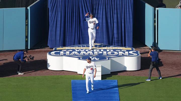 Los Angeles Dodgers pitcher Tyler Glasnow (31) walks onto the field with teammates for player introductions before the game against the Arizona Diamondbacks at Dodger Stadium on March 26, 2026. Los Angeles Dodgers pitcher Tyler Glasnow (31) walks onto the field with teammates for player introductions before the game against the Arizona Diamondbacks at Dodger Stadium on March 26, 2026.