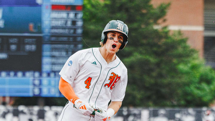 Miami Hurricanes Shortstop Jake Ogden (4) after hitting a homerun. Miami Hurricanes Shortstop Jake Ogden (4) after hitting a homerun.