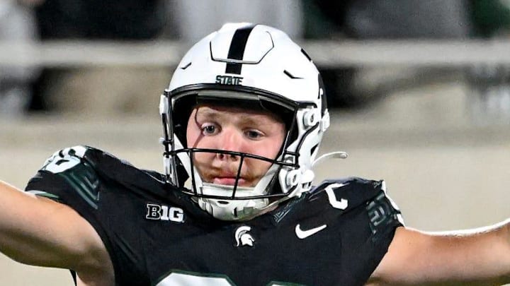 Michigan State's Ryan Eckley, right, celebrates a deep punt with teammate Darius Snow during the fourth quarter in the game against Boston College on Saturday, Sept. 6, 2025, at Spartan Stadium in East Lansing.