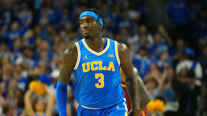 Mar 8, 2025; Los Angeles, California, USA; UCLA Bruins guard Eric Dailey Jr. (3) reacts after a three-point basket against the Southern California Trojans in the first half at Pauley Pavilion presented by Wescom. Mandatory Credit: Kirby Lee-Imagn Images Mar 8, 2025; Los Angeles, California, USA; UCLA Bruins guard Eric Dailey Jr. (3) reacts after a three-point basket against the Southern California Trojans in the first half at Pauley Pavilion presented by Wescom. Mandatory Credit: Kirby Lee-Imagn Images