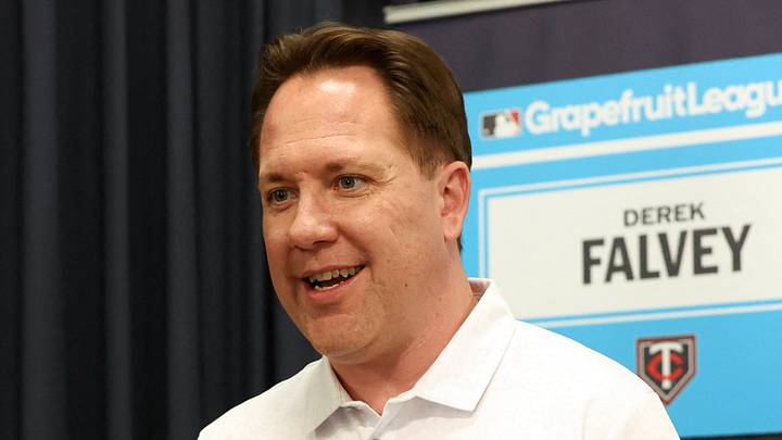 Feb 15, 2024; Tampa, FL, USA; Minnesota Twins president of baseball operations Derek Falvey talks with media at George M. Steinbrenner Field. Mandatory Credit: Kim Klement Neitzel-USA TODAY Sports Feb 15, 2024; Tampa, FL, USA; Minnesota Twins president of baseball operations Derek Falvey talks with media at George M. Steinbrenner Field. Mandatory Credit: Kim Klement Neitzel-USA TODAY Sports