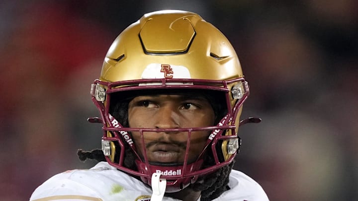 Sep 13, 2025; Stanford, California, USA; Boston College Eagles linebacker Daveon Crouch (1) during the third quarter against the Stanford Cardinal at Stanford Stadium. Mandatory Credit: Darren Yamashita-Imagn Images