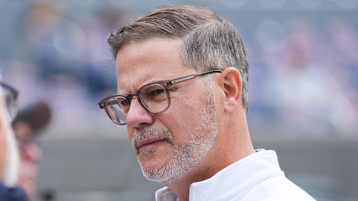Oct 13, 2025; Toronto, Ontario, CAN; Toronto Blue Jays general manager Ross Atkins talks with the media during batting practice between the Toronto Blue Jays and Seattle Mariners before game two of the ALCS round for the 2025 MLB playoffs at Rogers Centre.