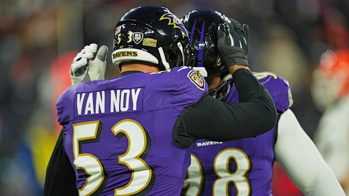 Jan 4, 2025; Baltimore, Maryland, USA; Baltimore Ravens linebacker Kyle Van Noy (53) and Baltimore Ravens defensive tackle Travis Jones (98) react after a play during the second quarter against the Cleveland Browns at M&T Bank Stadium. Mandatory Credit: Mitch Stringer-Imagn Images