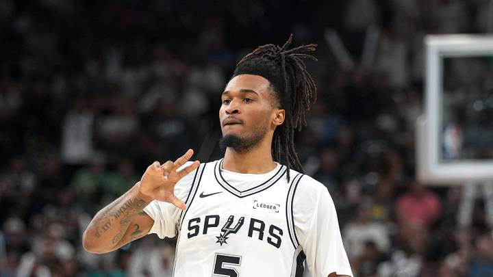 Apr 12, 2026; San Antonio, Texas, USA; San Antonio Spurs guard Stephon Castle (5) reacts after scoring a three point basket during the second half against the Denver Nuggets at Frost Bank Center. Mandatory Credit: Scott Wachter-Imagn Images Apr 12, 2026; San Antonio, Texas, USA; San Antonio Spurs guard Stephon Castle (5) reacts after scoring a three point basket during the second half against the Denver Nuggets at Frost Bank Center. Mandatory Credit: Scott Wachter-Imagn Images