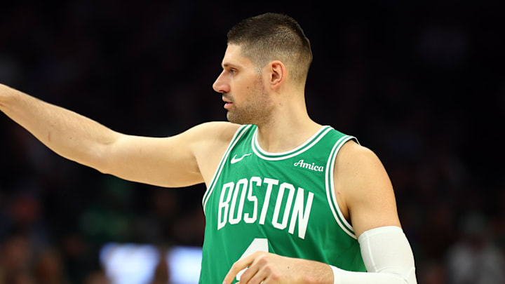 Feb 24, 2026; Phoenix, Arizona, USA; Boston Celtics center Nikola Vucevic (4) reacts against the Phoenix Suns in the first half at Mortgage Matchup Center. Mandatory Credit: Mark J. Rebilas-Imagn Images Feb 24, 2026; Phoenix, Arizona, USA; Boston Celtics center Nikola Vucevic (4) reacts against the Phoenix Suns in the first half at Mortgage Matchup Center. Mandatory Credit: Mark J. Rebilas-Imagn Images