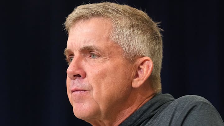 Feb 24, 2026; Indianapolis, IN, USA; Denver Broncos coach Sean Payton speaks at the NFL Scouting Combine at the Indiana Convention Center. Mandatory Credit: Kirby Lee-Imagn Images