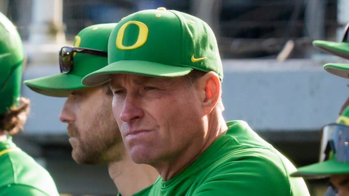 Oregon head coach Mark Wasikowski looks on as the Oregon Ducks host the Youngstown State Penguins on Feb. 19, 2026, at PK Park in Eugene, Oregon.