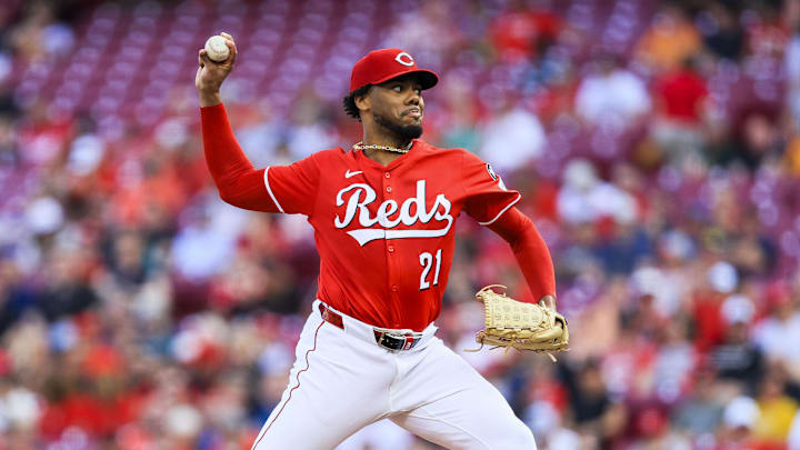 Jun 3, 2025; Cincinnati, Ohio, USA; Cincinnati Reds starting pitcher Hunter Greene (21) pitches against the Milwaukee Brewers in the first inning at Great American Ball Park. Mandatory Credit: Katie Stratman-Imagn Images