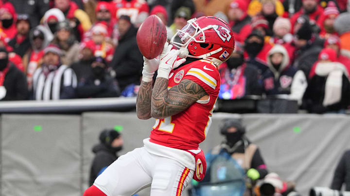 Jan 18, 2025; Kansas City, Missouri, USA; Kansas City Chiefs wide receiver Nikko Remigio (81) nearly drops a kick return against the Houston Texans during the first half of a 2025 AFC divisional round game at GEHA Field at Arrowhead Stadium. Mandatory Credit: Denny Medley-Imagn Images