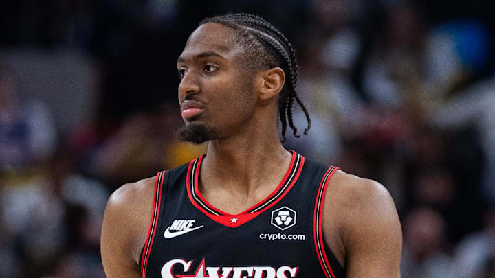 Apr 10, 2026; Indianapolis, Indiana, USA; Philadelphia 76ers guard Tyrese Maxey (0)  in the second half against the Indiana Pacers at Gainbridge Fieldhouse. Mandatory Credit: Trevor Ruszkowski-Imagn Images