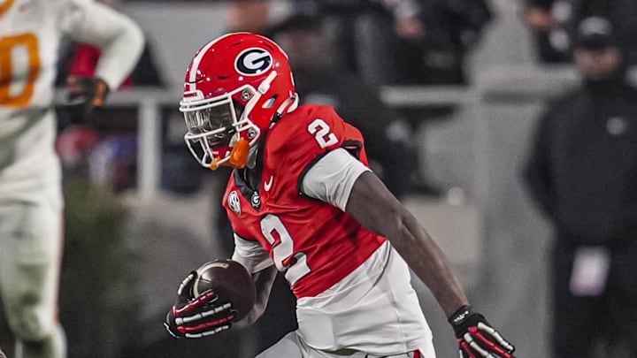 Nov 16, 2024; Athens, Georgia, USA; Georgia Bulldogs wide receiver Nitro Tuggle (2) runs after a catch against the Tennessee Volunteers during the second half at Sanford Stadium. Mandatory Credit: Dale Zanine-Imagn Images