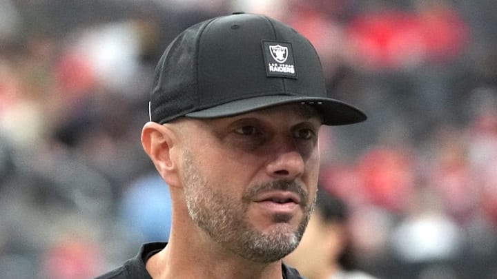 Jan 4, 2026; Paradise, Nevada, USA; Las Vegas Raiders general manager John Spytek reacts during the game against the Kansas City Chiefs at Allegiant Stadium. Mandatory Credit: Kirby Lee-Imagn Images