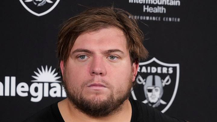 Jul 24, 2025; Henderson, NV, USA; Las Vegas Raiders lineman Jackson Powers-Johnson (58) during training camp press conference at the Intermountain Healthcare Performance Center. Mandatory Credit: Kirby Lee-Imagn Images