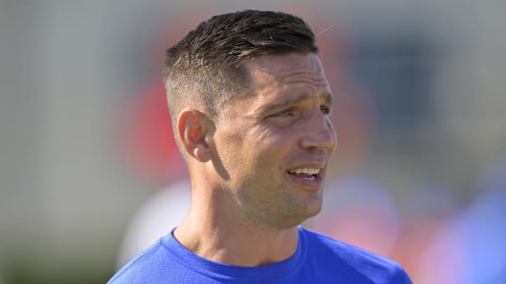 Jul 29, 2024; Los Angeles, CA, USA; Los Angeles Rams defensive coordinator Chris Shula on the field during training camp at Loyola Marymount University. Mandatory Credit: Jayne Kamin-Oncea-Imagn Images