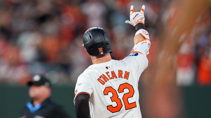 Jun 26, 2024; Baltimore, Maryland, USA; Baltimore Orioles first base Ryan O'Hearn (32) reacts after a home run during the eighth inning against the Cleveland Guardians at Oriole Park at Camden Yards