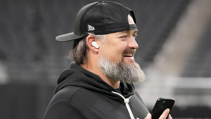 Jan 4, 2026; Paradise, Nevada, USA; Las Vegas Raiders offensive line coach Brennan Carroll, the son of head coach Pete Carroll, before the game against the Kansas City Chiefs at Allegiant Stadium. Mandatory Credit: Kirby Lee-Imagn Images