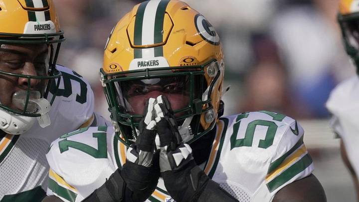 Green Bay Packers defensive end Brenton Cox Jr. celebrates a tackle for loss against the Bears in 2024.