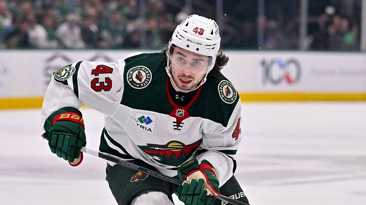 Apr 28, 2026; Dallas, Texas, USA; Minnesota Wild defenseman Quinn Hughes (43) skates against the Dallas Stars in game five of the first round of the 2026 Stanley Cup Playoffs at American Airlines Center. Mandatory Credit: Jerome Miron-Imagn Images