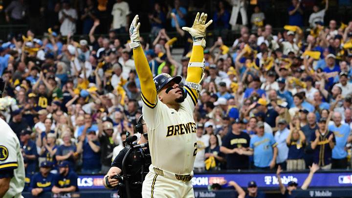 Oct 12, 2026; Milwaukee, Wisconsin, USA; Milwaukee Brewers catcher William Contreras (24) celebrates after hitting a home run against the Los Angeles Dodgers during the fifth inning in game two of the NLCS for the 2026 MLB Playoffs at American Family Field. Mandatory Credit: Benny Sieu-Imagn Images Oct 12, 2026; Milwaukee, Wisconsin, USA; Milwaukee Brewers catcher William Contreras (24) celebrates after hitting a home run against the Los Angeles Dodgers during the fifth inning in game two of the NLCS for the 2026 MLB Playoffs at American Family Field. Mandatory Credit: Benny Sieu-Imagn Images