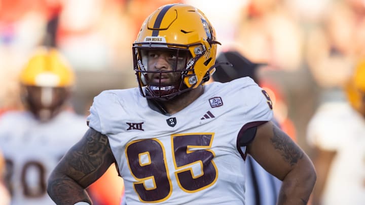 Nov 30, 2024; Tucson, Arizona, USA; Arizona State Sun Devils defensive lineman Justin Wodtly (95) against the Arizona Wildcats during the Territorial Cup at Arizona Stadium. Mandatory Credit: Mark J. Rebilas-Imagn Images